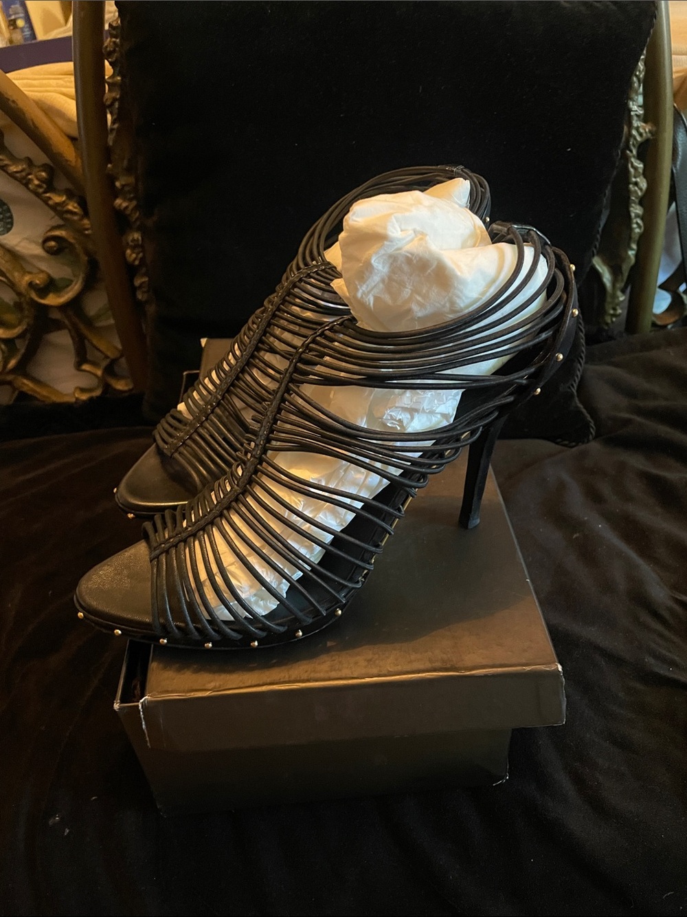 Gucci Black Cage Strappy Stiletto Sandals